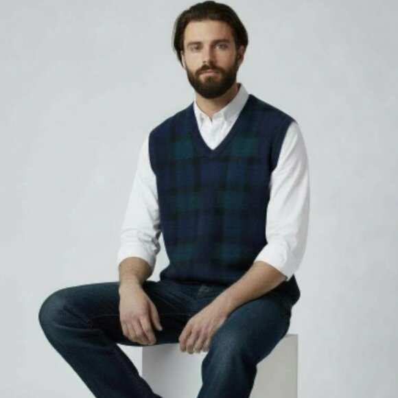 Brooks Brothers Italian Yarn L Merino Wool Sweater Vest Blue Tartan Plaid Preppy - Picture 1 of 12